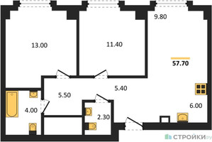 Планировка двухкомнатной(квартира) площадью 57.7 квадратных метров в “ЖК Мангазея на Тульской”