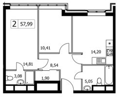 Планировка двухкомнатной(квартира) площадью 57.99 квадратных метров в “ЖК Городские Истории”