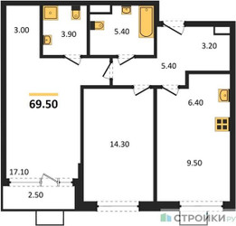 Планировка двухкомнатной(квартира) площадью 69.5 квадратных метров в ЖК “ЖК Дом на Зорге”