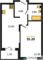 Планировка однокомнатной(апартаменты) площадью 34.9 квадратных метров в “ЖК Равновесие”