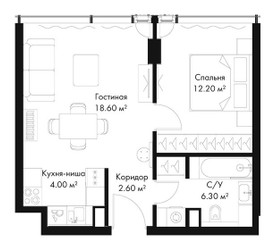 Планировка однокомнатной(квартира) площадью 43.7 квадратных метров в ЖК “ЖК Слава”