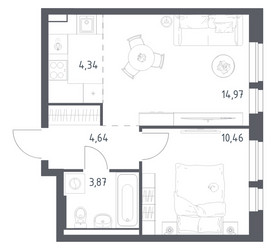 Планировка однокомнатной(квартира) площадью 38.28 квадратных метров в ЖК “ЖК Квартал Авиаторов”