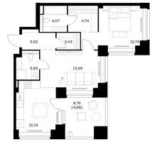 Планировка однокомнатной(квартира) площадью 62.75 квадратных метров в “ЖК НОВА”