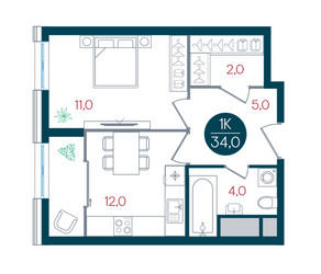 Планировка однокомнатной(квартира) площадью 34 квадратных метров в ЖК “ЖК РУСИЧ-Кантемировский”