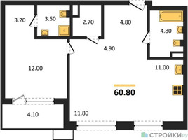 Планировка однокомнатной(квартира) площадью 60.8 квадратных метров в “ЖК Дзен-кварталы”