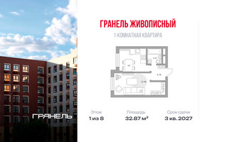 Планировка однокомнатной(квартира) площадью 32.87 квадратных метров в “ЖК Живописный”