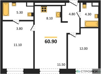 Планировка двухкомнатной(квартира) площадью 60.9 квадратных метров в ЖК “Жилые кварталы Белый Град”