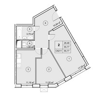 Планировка двухкомнатной(квартира) площадью 55.7 квадратных метров в “ЖК Экоград Новый Катуар”