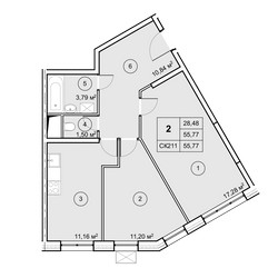 Планировка двухкомнатной(квартира) площадью 55.7 квадратных метров в ЖК “ЖК Экоград Новый Катуар”