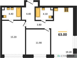 Планировка двухкомнатной(квартира) площадью 63 квадратных метров в “ЖК Shagal (Шагал)”