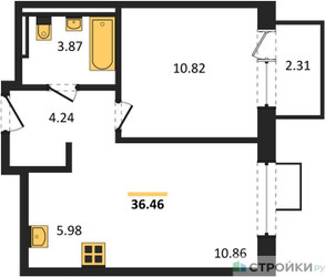 Планировка однокомнатной(квартира) площадью 36.46 квадратных метров в ЖК “ЖК Квартал Западный”
