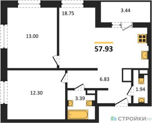 Планировка двухкомнатной(квартира) площадью 57.93 квадратных метров в ЖК “ЖК Светлый мир Станция Л”