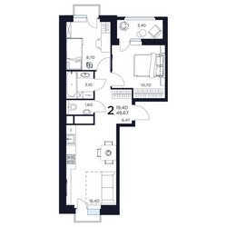 Планировка двухкомнатной(квартира) площадью 48.67 квадратных метров в ЖК “ЖК ВОСТОК II”