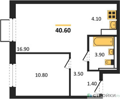 Планировка однокомнатной(квартира) площадью 40.6 квадратных метров в “ЖК Мытищи Парк”