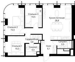 Планировка трехкомнатной(квартира) площадью 85.7 квадратных метров в “ЖК Сити Бэй”