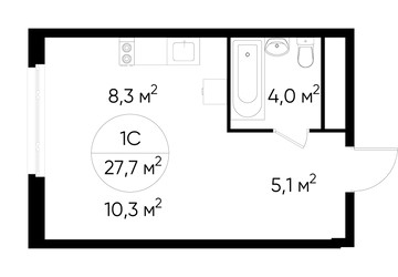 Планировка студии(квартира) площадью 27.7 квадратных метров в ЖК “ЖК Переделкино Ближнее”