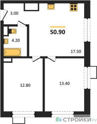 Планировка двухкомнатной(квартира) площадью 50.9 квадратных метров в “ЖК Foreville (Форевилль)”