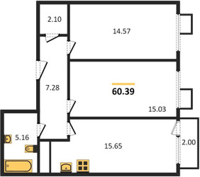 Планировка двухкомнатной(квартира) площадью 60.39 квадратных метров в ЖК “ЖК Катуар”