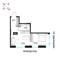 Планировка двухкомнатной(квартира) площадью 45.7 квадратных метров в “ЖК Инноватор”