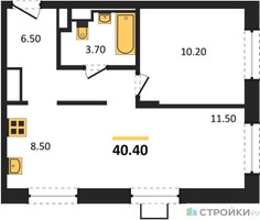 Планировка однокомнатной(квартира) площадью 40.4 квадратных метров в “ЖК Люберцы”