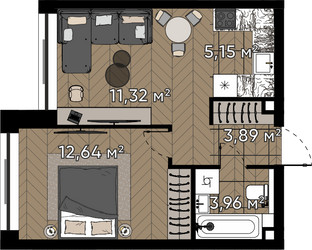 Планировка однокомнатной(квартира) площадью 37 квадратных метров в ЖК “ЖК Квартал Серебряный бор”