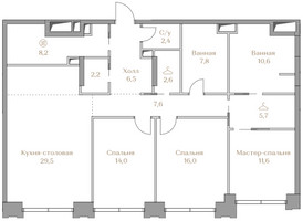 Планировка трехкомнатной(квартира) площадью 124.7 квадратных метров в “ЖК Коллекция Лужники”