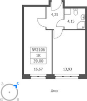 Планировка однокомнатной(апартаменты) площадью 39 квадратных метров в “ЖК Волковская 67”