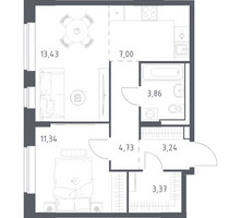 Планировка однокомнатной(квартира) площадью 46.97 квадратных метров в “ЖК Квартал Западный”