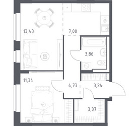 Планировка однокомнатной(квартира) площадью 46.97 квадратных метров в ЖК “ЖК Квартал Западный”