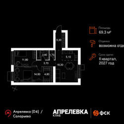 Планировка трехкомнатной(квартира) площадью 69.3 квадратных метров в ЖК “Апрелевка Клаб”