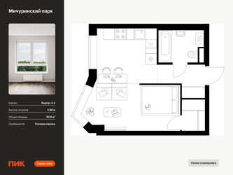 Планировка однокомнатной(квартира) площадью 30.8 квадратных метров в ЖК “ЖК Мичуринский Парк”