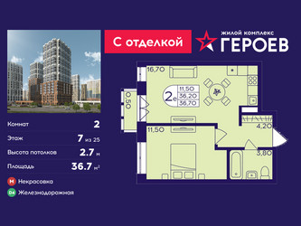 Планировка двухкомнатной(квартира) площадью 36.7 квадратных метров в ЖК “ЖК Героев”