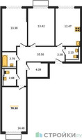 Планировка трехкомнатной(квартира) площадью 78.38 квадратных метров в “ЖК Пригород Лесное”