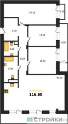 Планировка трехкомнатной(квартира) площадью 116.6 квадратных метров в ЖК “Отрада на реке”