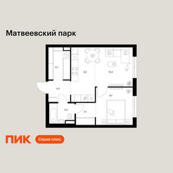 Планировка однокомнатной(квартира) площадью 43.8 квадратных метров в ЖК “ЖК Матвеевский парк”