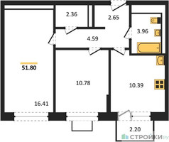 Планировка двухкомнатной(квартира) площадью 51.8 квадратных метров в “ЖК Богдановский Лес”