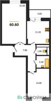 Планировка двухкомнатной(квартира) площадью 60.6 квадратных метров в “ЖК Школьный”