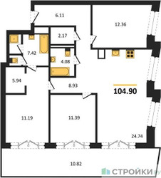 Планировка трехкомнатной(квартира) площадью 104.9 квадратных метров в ЖК “ЖК Republic (Репаблик)”