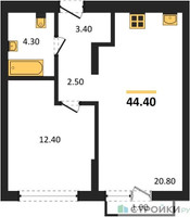 Планировка однокомнатной(квартира) площадью 44.4 квадратных метров в “ЖК Первый квартал”