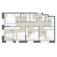 Планировка 4+ комнатной(квартира) площадью 76.7 квадратных метров в “ЖК Станиславский”