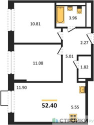 Планировка двухкомнатной(квартира) площадью 52.4 квадратных метров в ЖК “ЖК Пригород Лесное”