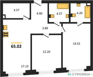 Планировка двухкомнатной(квартира) площадью 65.02 квадратных метров в ЖК “ЖК Гранд Фили”