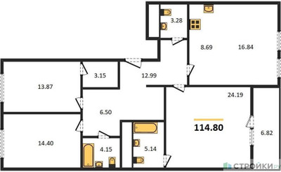 Планировка трехкомнатной(квартира) площадью 114.8 квадратных метров в ЖК “Жилой квартал Кутузов Град”