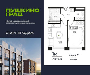 Планировка однокомнатной(квартира) площадью 35.75 квадратных метров в ЖК “ЖК Пушкино Град”