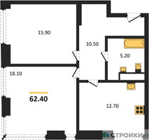 Планировка двухкомнатной(квартира) площадью 62.4 квадратных метров в “ЖК Мираполис”