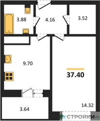 Планировка однокомнатной(квартира) площадью 37.4 квадратных метров в ЖК “ЖК ВОСТОК II”