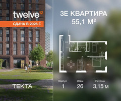 Планировка трехкомнатной(квартира) площадью 55.1 квадратных метров в “ЖК Твелв”