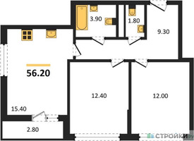Планировка двухкомнатной(квартира) площадью 56.2 квадратных метров в “ЖК Родные кварталы”