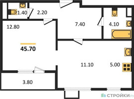 Планировка однокомнатной(квартира) площадью 45.7 квадратных метров в “ЖК ЮЖНАЯ БИТЦА”