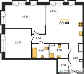 Планировка двухкомнатной(квартира) площадью 69.4 квадратных метров в ЖК “ЖК The LAKE (Лэйк)”